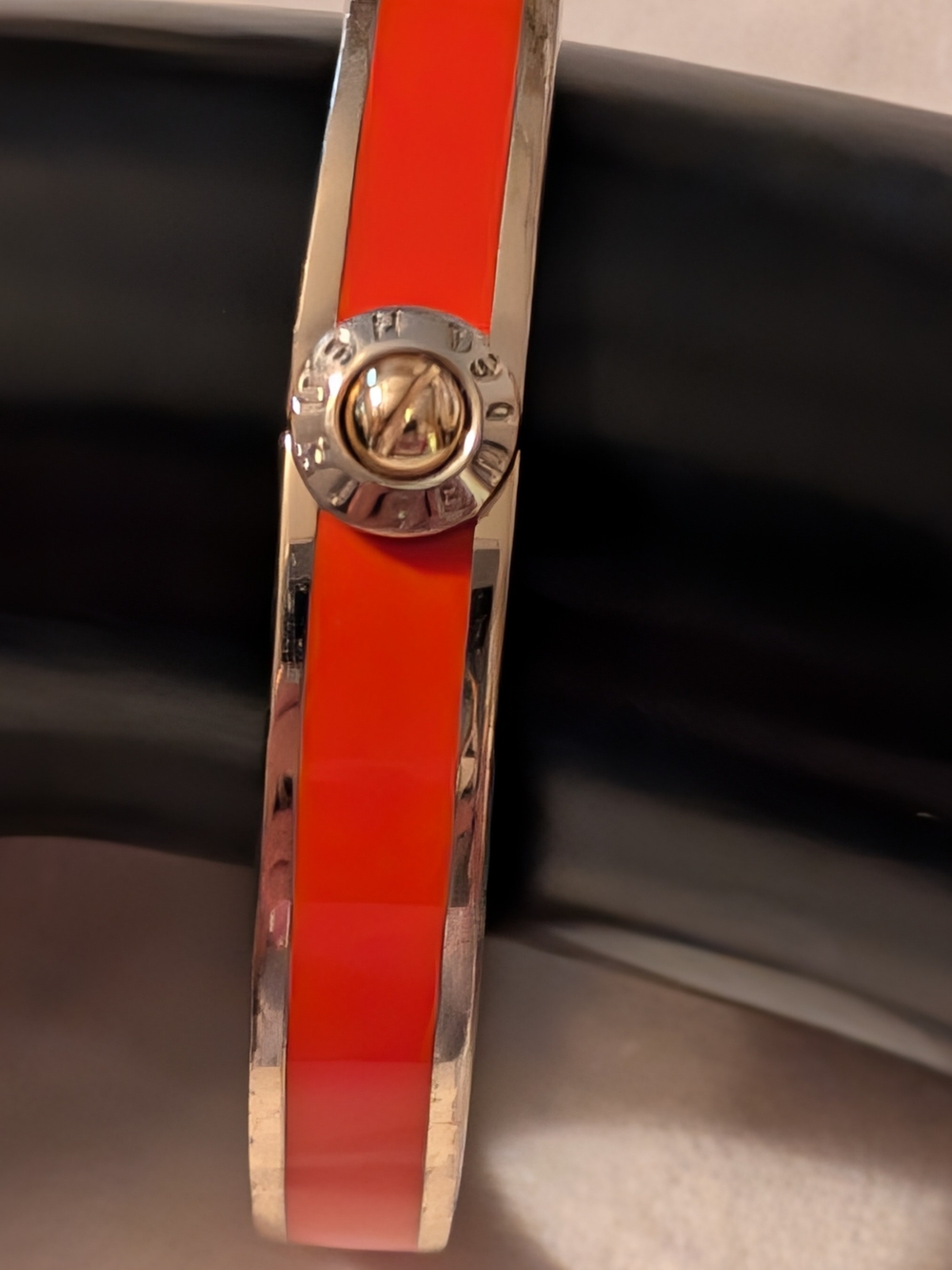 Henri Bendel Enamel Hinged Bangle Bracelet Orange With Gold Accent GUC